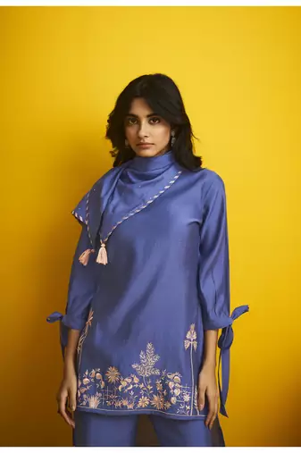 Blue embroidered viscose rayon arohi ink co ord sets