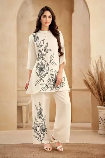 Cream printed viscose rayon asmi frost co ord sets