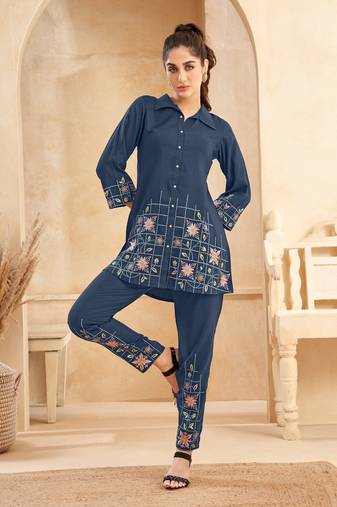Navy blue embroidered viscose rayon eden navy co ord sets
