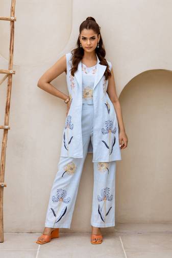 Blue embroidered cotton faye softblue co ord sets