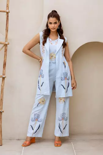 Blue embroidered cotton faye softblue co ord sets