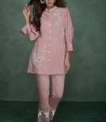 Pink embroidered viscose rayon selena flamingo co ord sets