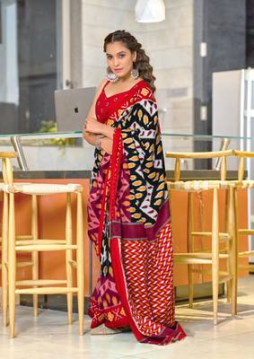 Black soft cotton block print saree with unstitched blouse piece 1