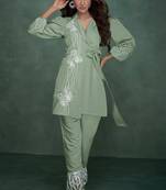 Green embroidered viscose rayon selena pasteli co ord sets