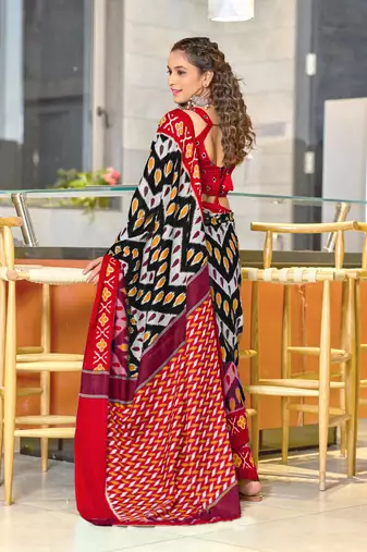 Black soft cotton block print saree with unstitched blouse piece