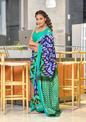 Blue soft cotton block print saree with unstitched blouse 1