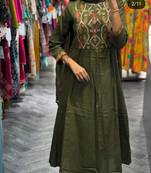 Olive green Cotton a-line  anarkali  kurti pant dupatta set