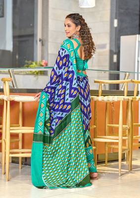 Blue soft cotton block print saree with unstitched blouse 2
