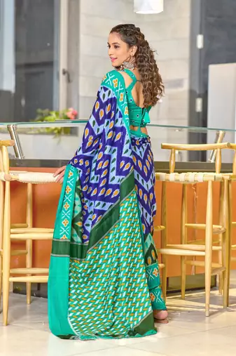 Blue soft cotton block print saree with unstitched blouse
