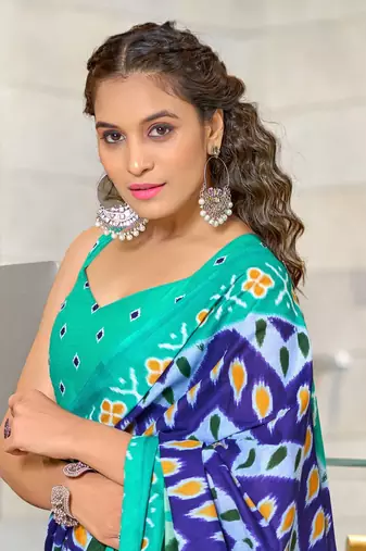 Blue soft cotton block print saree with unstitched blouse