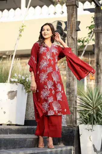 Cotton cambric kurti pant dupatta set