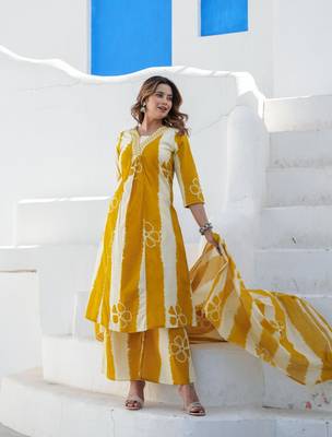 Cotton a-line anarkali kurti pant dupatta set 2