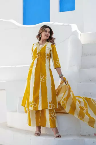 Cotton a-line anarkali kurti pant dupatta set