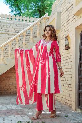 Red Cotton a-line  anarkali  kurti pant dupatta set 1