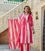 Red Cotton a-line  anarkali  kurti pant dupatta set