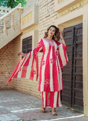 Red Cotton a-line  anarkali  kurti pant dupatta set 2