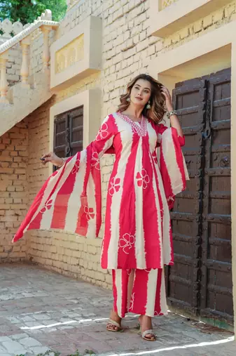 Red Cotton a-line  anarkali  kurti pant dupatta set