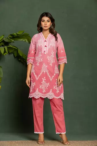 Red embroidered cotton anumeha blush co ord sets