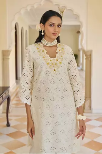White embroidered cotton anumeha pearl co ord sets