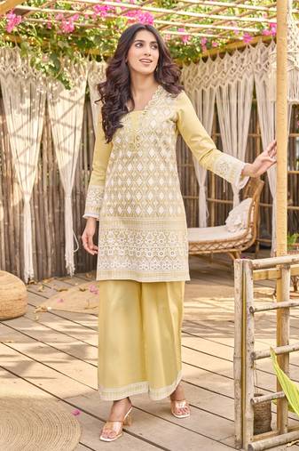 Yellow embroidered blended cotton ayat amber co ord sets