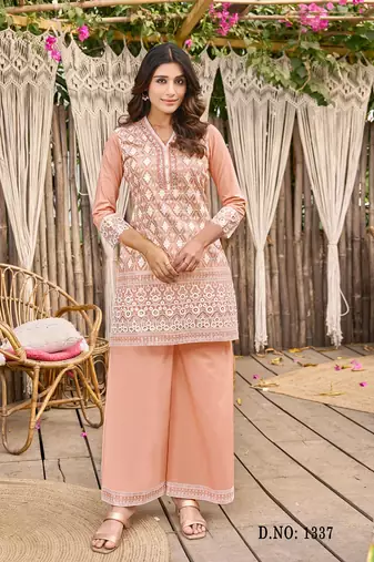 Peach embroidered blended cotton ayat peach co ord sets