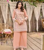 Peach embroidered blended cotton ayat peach co ord sets