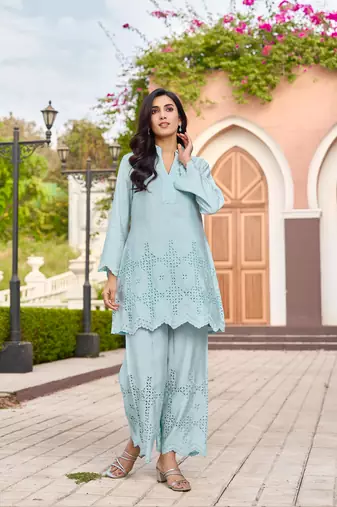 Blue embroidered blended cotton ayat tiffany co ord sets
