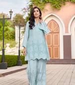 Blue embroidered blended cotton ayat tiffany co ord sets