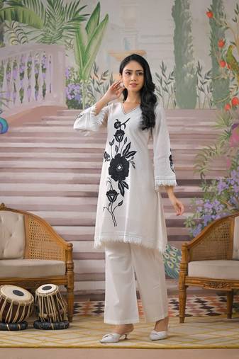 White printed cotton bali pearl co ord sets