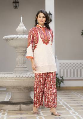 White printed cotton bhakti crimson co ord sets 1
