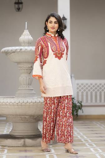 White printed cotton bhakti crimson co ord sets