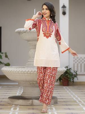 White printed cotton bhakti crimson co ord sets 3