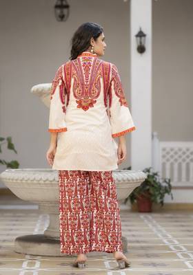 White printed cotton bhakti crimson co ord sets 4