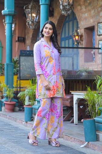 Lavender printed cotton bhakti lilac co ord sets