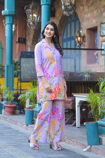 Lavender printed cotton bhakti lilac co ord sets