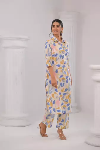 White printed cotton bhakti vatika co ord sets