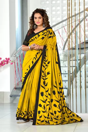 Yellow soft cotton block print saree with unstitched blouse piece