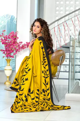 Yellow soft cotton block print saree with unstitched blouse piece