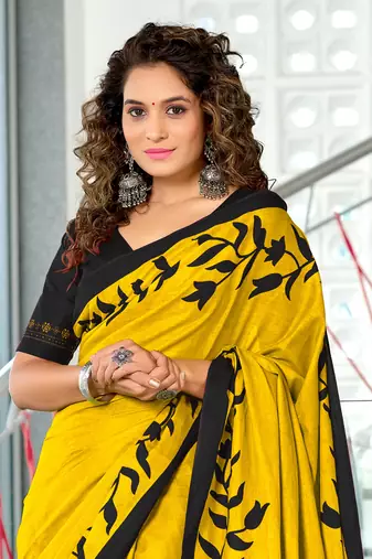 Yellow soft cotton block print saree with unstitched blouse piece