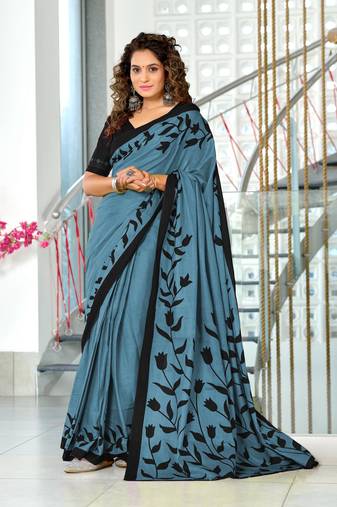 Blue soft cotton block print saree with unstitched blouse piece