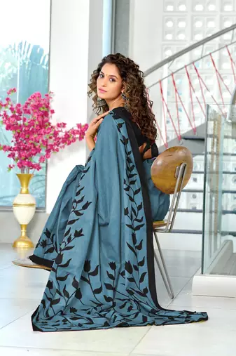 Blue soft cotton block print saree with unstitched blouse piece