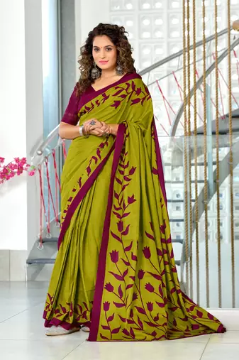 Green soft cotton block print saree with unstitched blouse piece