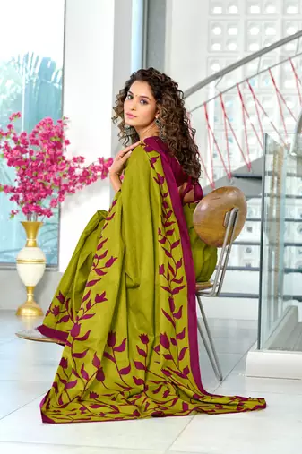 Green soft cotton block print saree with unstitched blouse piece