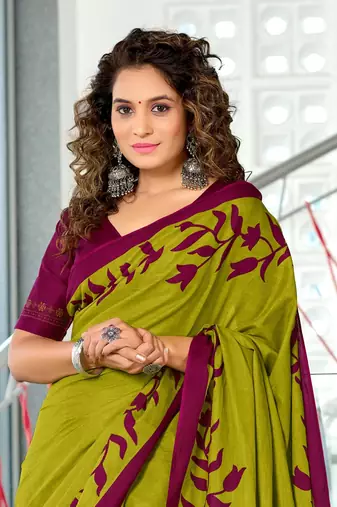 Green soft cotton block print saree with unstitched blouse piece