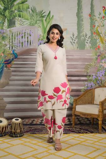 Cream printed cotton colba crimson co ord sets