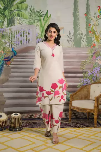 Cream printed cotton colba crimson co ord sets