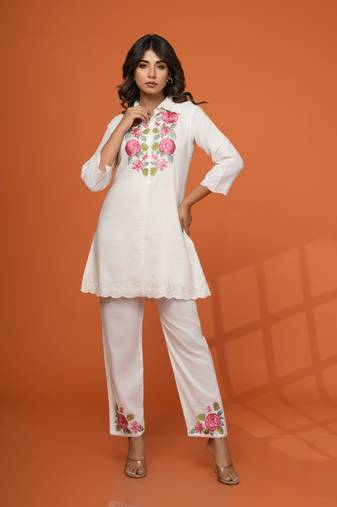 White embroidered viscose rayon darika angel co ord sets
