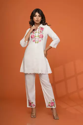 White embroidered viscose rayon darika angel co ord sets