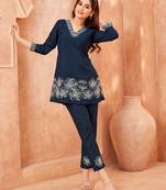 Blue embroidered viscose rayon darika azure co ord sets