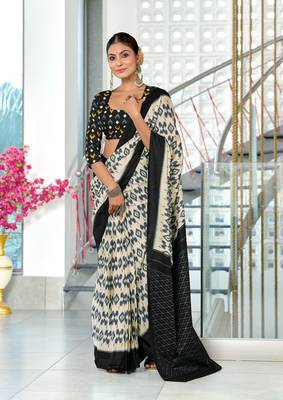 Black soft cotton block print saree with unstitched blouse piece 1